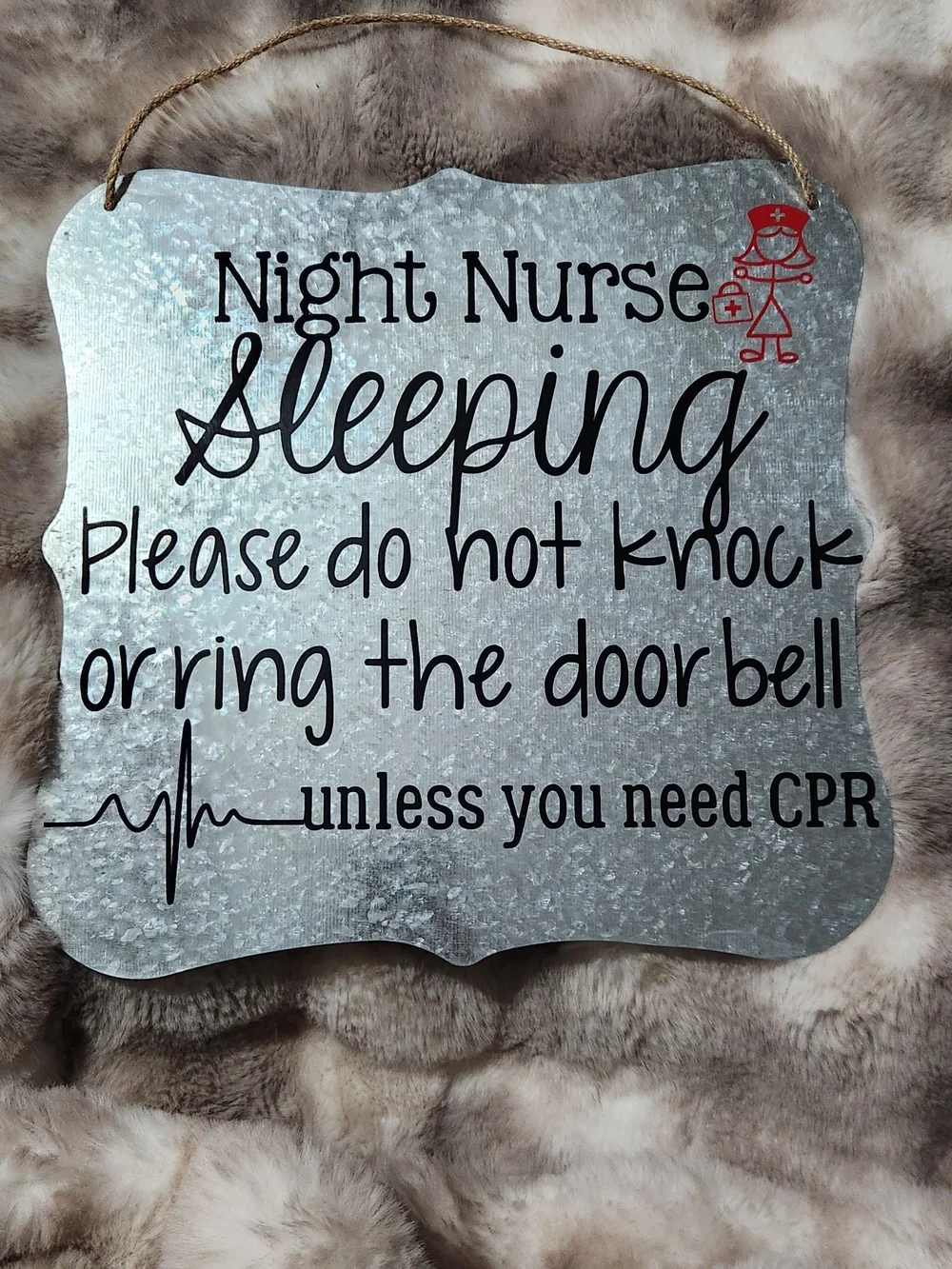 Night Nurse Sleeping Metal Wall Sign - Silver with Black and Red Accents